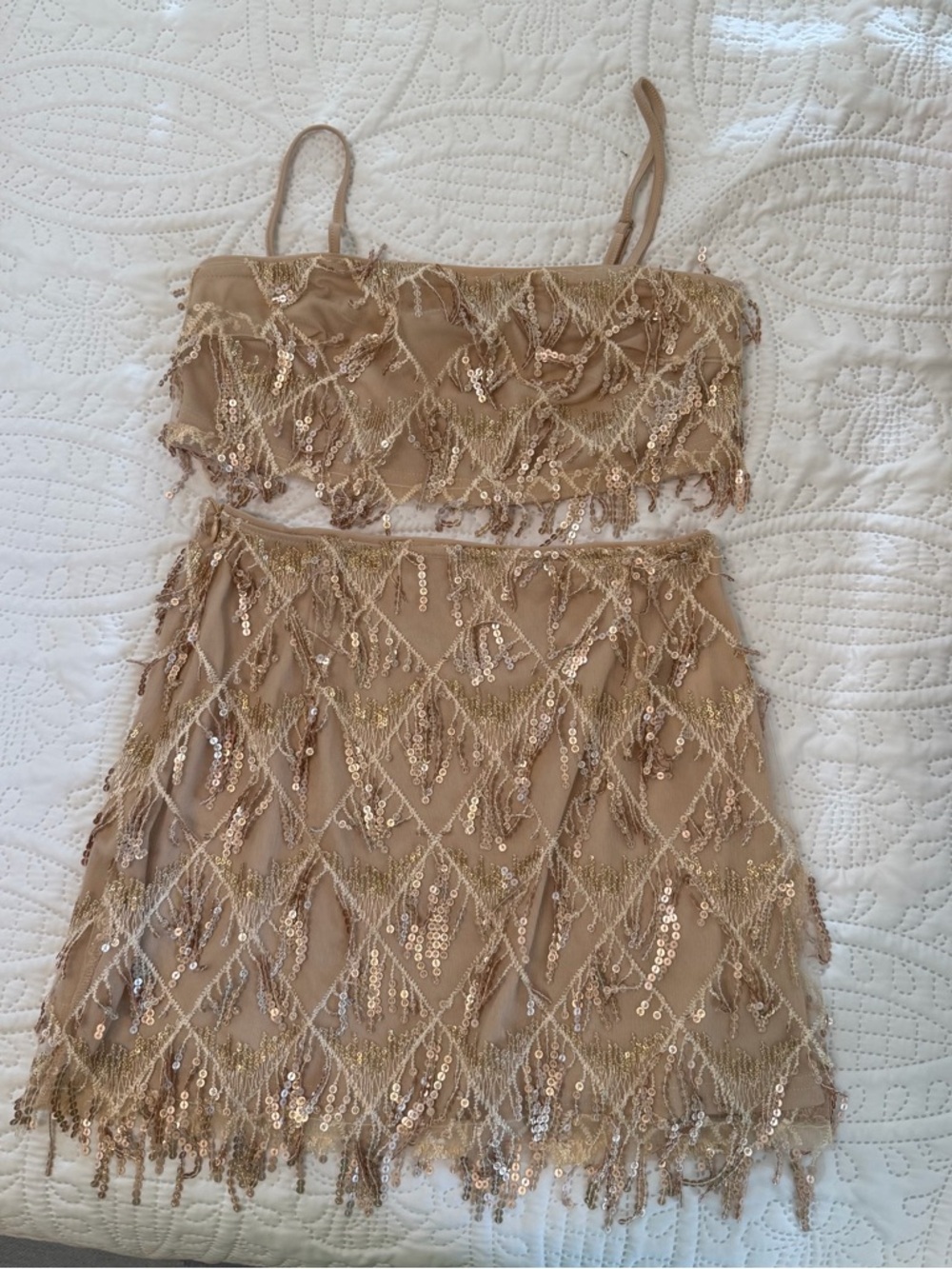 Cider Gold Sequin-Embellished Crop Top & Skirt Set